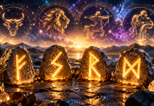 Rune nordice strălucitoare, simboluri zodiacale și anul 2027, reprezentând previziunile simbolice pentru cele patru zodii favorizate.