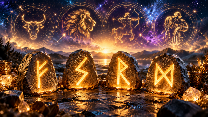 rune-zodii-2027.jpg Rune nordice strălucitoare, simboluri zodiacale și anul 2027, reprezentând previziunile simbolice pentru cele patru zodii favorizate.