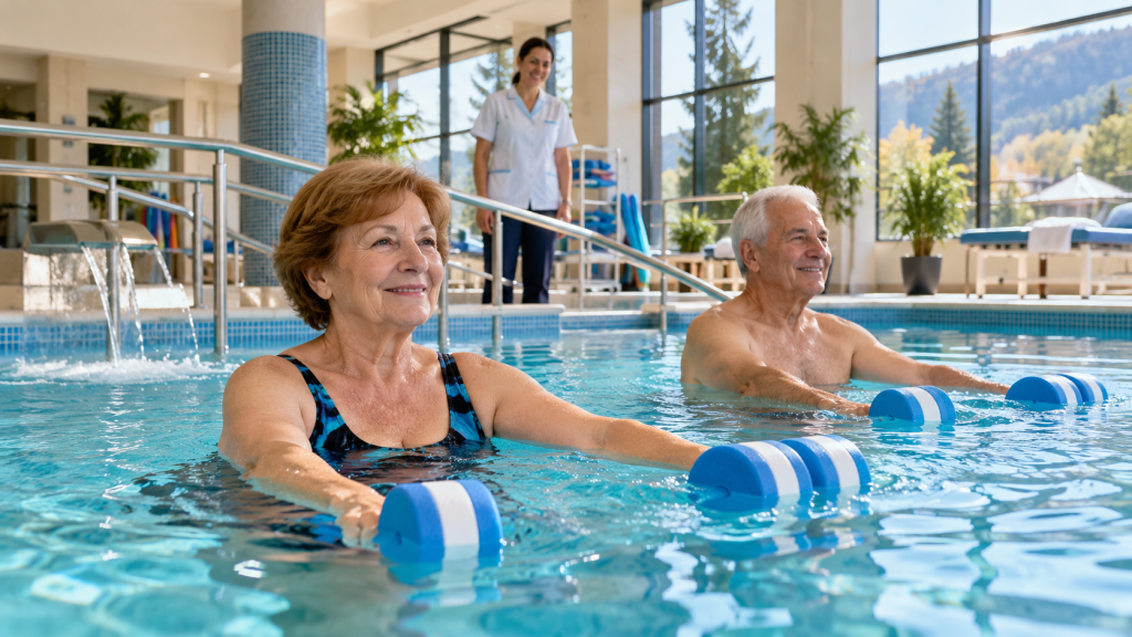 Pensionari la tratament balnear într-o stațiune din România, cu piscină termală și bază de recuperare medicală.