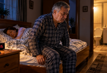 Te trezești noaptea să mergi la toaletă? Când este normal și ce probleme de sănătate poate ascunde acest obicei după 50 de ani Bărbat de peste 60 de ani trezit în timpul nopții, așezat pe marginea patului, cu lumină aprinsă spre baie, ilustrând urinarea nocturnă frecventă.