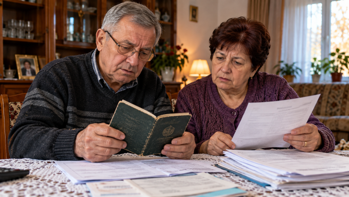 ani-munca-lipsa-pensie.jpg Persoană apropiată de pensionare verificând carnetul de muncă și documentele privind vechimea, pentru identificarea anilor care lipsesc din evidențele de pensie.