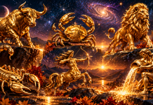Horoscop 2027. Șase zodii pot avea un an de neuitat! Bani, iubiri neașteptate și schimbări care le pot transforma viața Ilustrație astrologică pentru horoscopul anului 2027, cu șase simboluri zodiacale aurii și un fundal elegant în nuanțe de albastru și bordo.