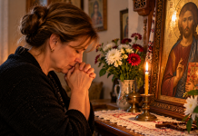 Când certurile și necazurile apasă asupra familiei, rostește această rugăciune! Cuvintele care aduc pace în casă Femeie cu mâinile împreunate în rugăciune, lângă o icoană și o lumânare, într-un colț liniștit al casei