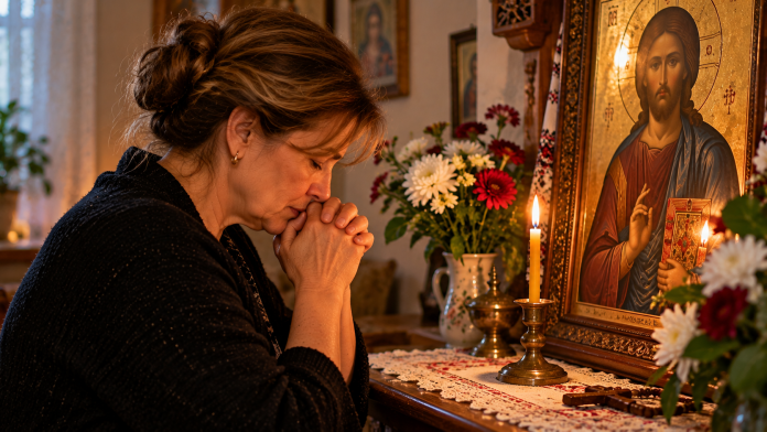 rugaciune-pace-familie.jpg Femeie cu mâinile împreunate în rugăciune, lângă o icoană și o lumânare, într-un colț liniștit al casei