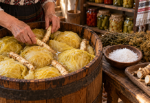 Butoi tradițional cu varză murată și rădăcini de hrean, ingredientul folosit pentru a păstra varza tare și crocantă peste iarnă.