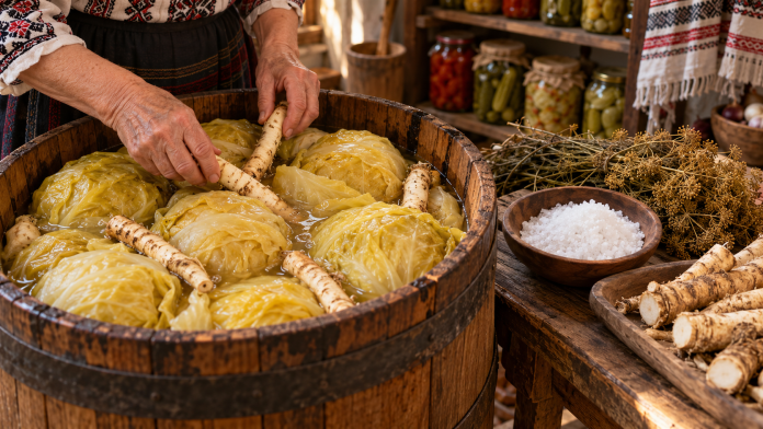 secret-varza-murata.jpg Butoi tradițional cu varză murată și rădăcini de hrean, ingredientul folosit pentru a păstra varza tare și crocantă peste iarnă.