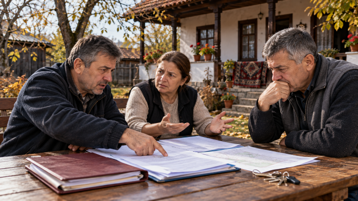 Trei frați adulți discută în contradictoriu despre moștenirea casei părintești, având pe masă acte de proprietate și documente de succesiune.