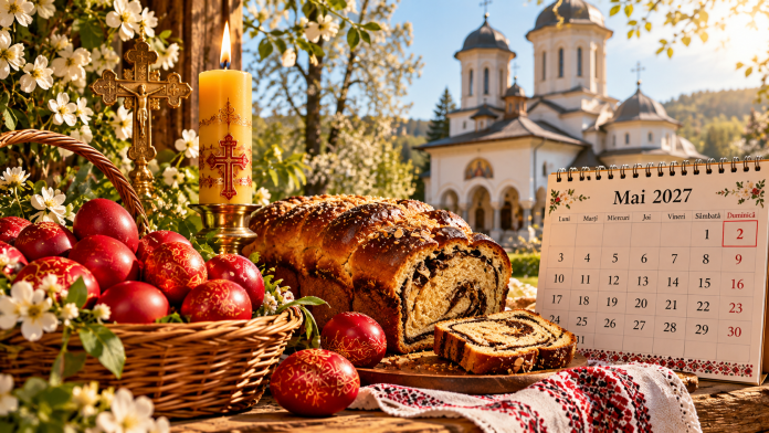 cand-pica-pastele-2027.jpg Calendarul anului 2027 cu datele Paștelui ortodox și catolic, alături de ouă roșii, lumânare pascală și biserică.