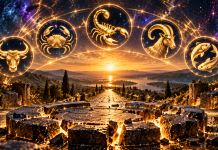 Cinci simboluri zodiacale luminoase pentru Taur, Rac, Scorpion, Capricorn și Pești, într-o compoziție astrologică despre schimbările de la finalul anului 2026.
