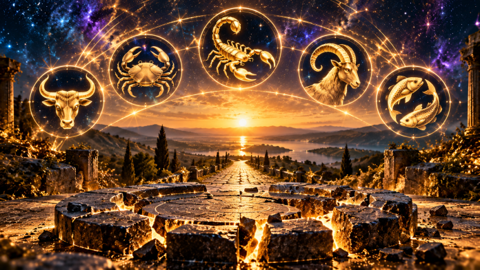zodii-final-2026.jpg Cinci simboluri zodiacale luminoase pentru Taur, Rac, Scorpion, Capricorn și Pești, într-o compoziție astrologică despre schimbările de la finalul anului 2026.