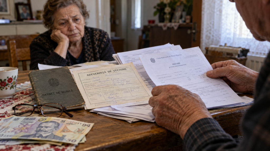 Carnet de muncă, documente de pensie și bancnote românești pe o masă, ilustrând situația persoanelor care nu au 15 ani de cotizare.