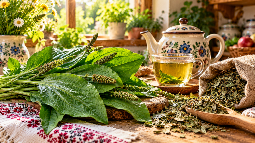 Frunze de pătlagină folosite tradițional pentru ceai și remedii naturale