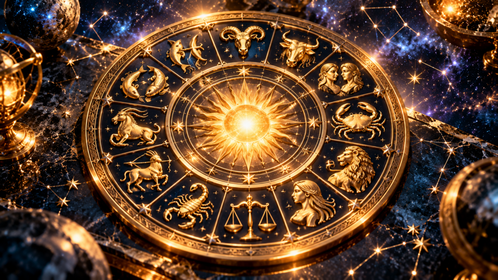 Cerc zodiacal auriu cu simbolurile celor 12 zodii și o lumină misterioasă, pentru horoscopul zilei de 30 octombrie 2026.