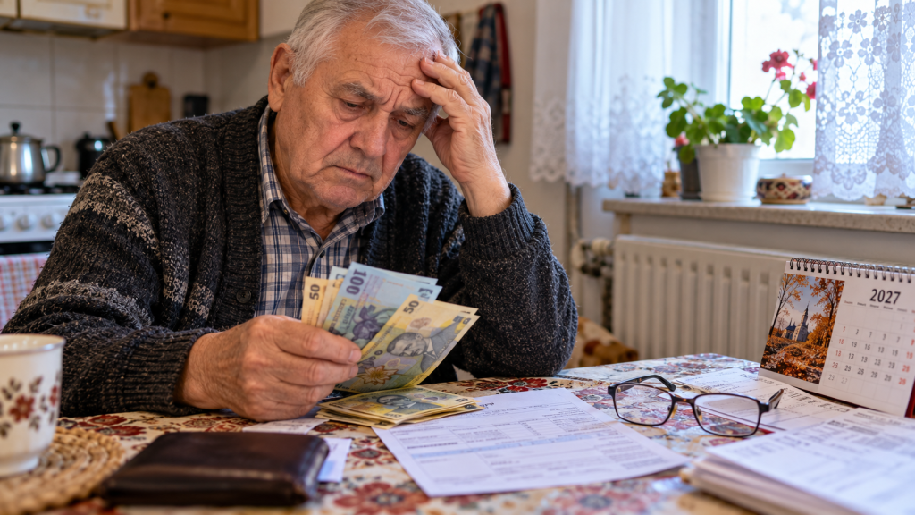 Pensionar cu pensie mică verificând banii și talonul de pensie, în contextul posibilelor schimbări ale ajutoarelor financiare din 2027.