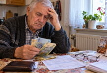 Pensionar cu pensie mică verificând banii și talonul de pensie, în contextul posibilelor schimbări ale ajutoarelor financiare din 2027.