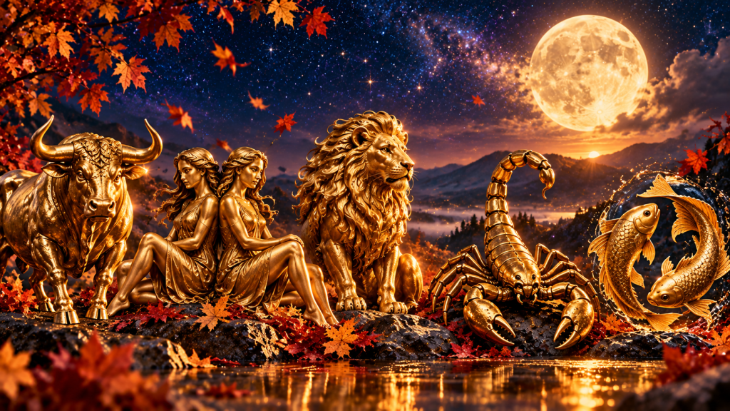 Horoscop noiembrie 2026, cu simbolurile zodiacale Taur, Gemeni, Leu, Scorpion și Pești, într-o ilustrație astrologică elegantă despre bani, dragoste și schimbări.