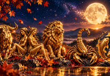 Horoscop noiembrie 2026. Cinci zodii pot primi vești care le schimbă planurile. Bani neașteptați, iubiri din trecut și un nou început pentru cei care au suferit Horoscop noiembrie 2026, cu simbolurile zodiacale Taur, Gemeni, Leu, Scorpion și Pești, într-o ilustrație astrologică elegantă despre bani, dragoste și schimbări.
