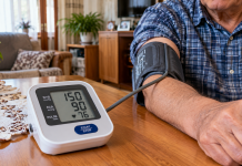 Tensiunea 150 cu 90 la 65 de ani. Ce înseamnă aceste valori, cât de periculoase sunt și când trebuie să mergi la medic Tensiometru digital care indică tensiunea arterială 150 cu 90, verificat de un bărbat în vârstă în locuința sa.