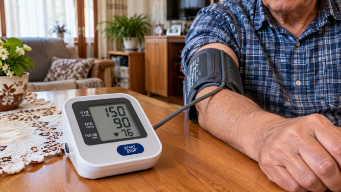tensiune-150-90-varstnici.jpg Tensiometru digital care indică tensiunea arterială 150 cu 90, verificat de un bărbat în vârstă în locuința sa.