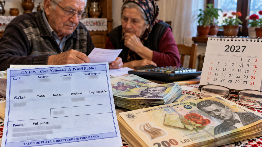 Bancnote românești, talon de pensie și calendar pentru anul 2027, ilustrând anunțul privind indexarea pensiilor și posibilele majorări.