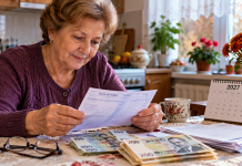 Pensionară din România care verifică talonul de pensie și bancnotele în lei, ilustrând posibilele majorări ale pensiilor din 2027.