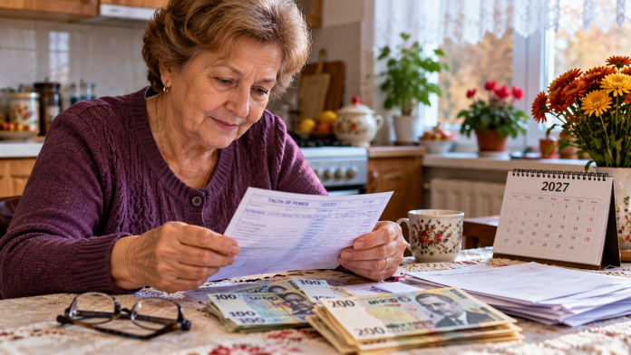 pensii-2027-majorare-doua-etape.jpg Pensionară din România care verifică talonul de pensie și bancnotele în lei, ilustrând posibilele majorări ale pensiilor din 2027.