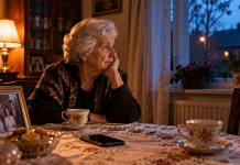 Părinții care au dat totul copiilor și au rămas singuri la bătrânețe. De ce ajung unii să nu mai primească nici măcar un telefon Mamă în vârstă stând singură la masa din sufragerie și privind un telefon mobil, într-o casă liniștită, ilustrând singurătatea părinților la bătrânețe.