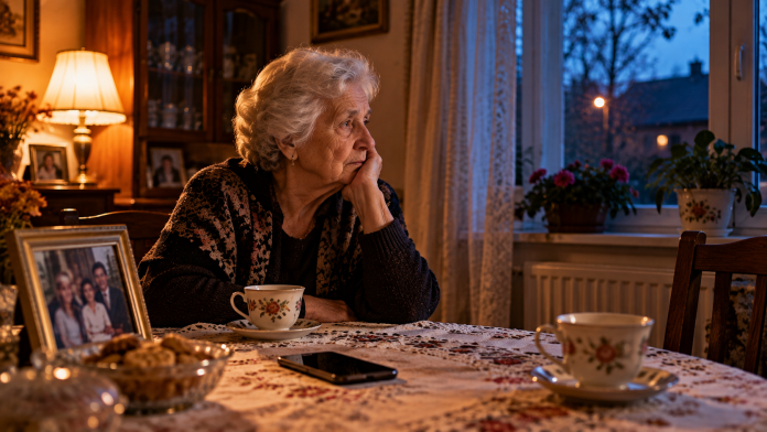 parinti-singuri-la-batranete.jpg Mamă în vârstă stând singură la masa din sufragerie și privind un telefon mobil, într-o casă liniștită, ilustrând singurătatea părinților la bătrânețe.