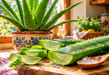 Aloe vera în ghiveci și gelul din frunză folosit tradițional pentru îngrijirea pielii