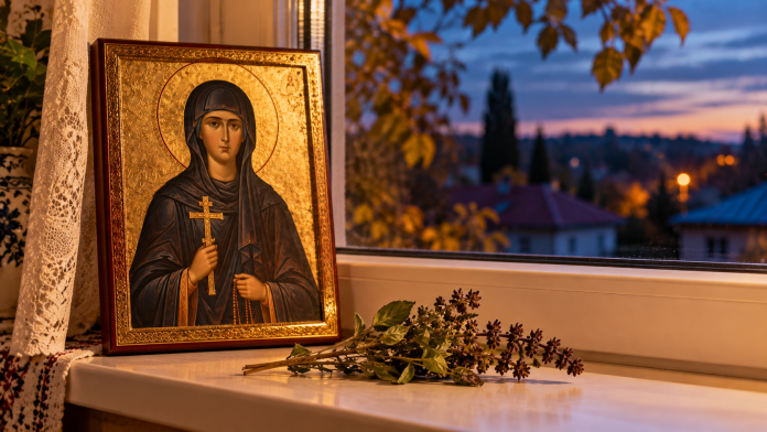 Icoana Sfintei Parascheva și un fir de busuioc uscat așezate pe pervaz, în lumina serii