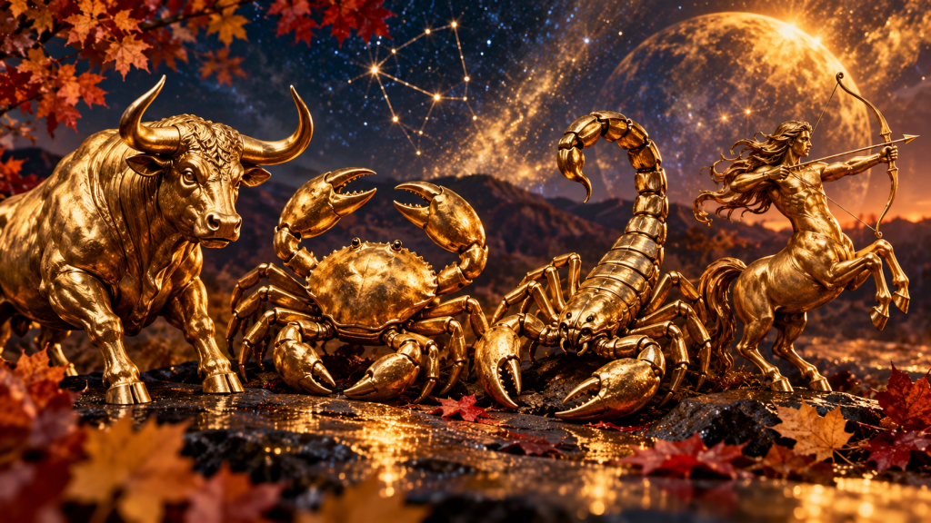 Ilustrație astrologică elegantă pentru horoscopul lunii noiembrie 2026, cu simbolurile zodiilor Taur, Rac, Scorpion și Săgetător și elemente aurii.
