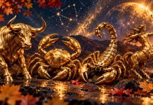 Horoscop noiembrie 2026. Patru zodii au parte de un nou început. Bani, iubiri neașteptate și vești care le pot schimba planurile Ilustrație astrologică elegantă pentru horoscopul lunii noiembrie 2026, cu simbolurile zodiilor Taur, Rac, Scorpion și Săgetător și elemente aurii.